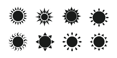 silhouette of Sun icon set. black sun icons. Shine sun ray set. Sunset icon collection. Yellow sun star icons. Hot solar energy for tan. Vector illustration isolated