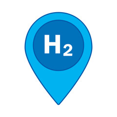 Hydrogen icon symbol with pin marker. Blue hydrogen sign. H2 symbol. Hydrogen production. Renewable energy source. Ecological energy. Zero emissions. Ecology, Ecology, global warming, chemistry sign.