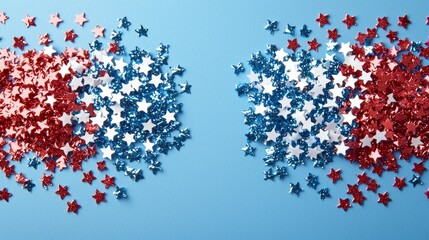 Glittering red, white, and blue stars arranged in a burst pattern on a textured royal blue background, Independence Day elegance concept