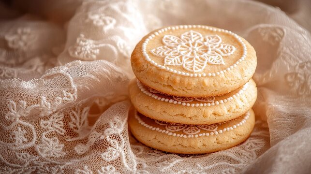 Golden-brown cookies styled with delicate icing patterns of the Five Solas, displayed on a vintage lace cloth, faith and tradition concept