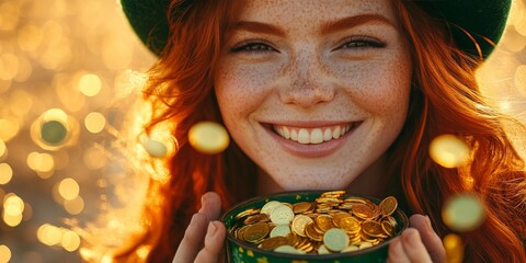 Naklejka premium A joyful woman in a green hat celebrating St. Patrick's Day, surrounded by gold coins and glowing light. Perfect for holiday promotions and festive content.