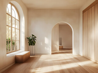 Minimalist Room Interior with Arched Window and Doorway