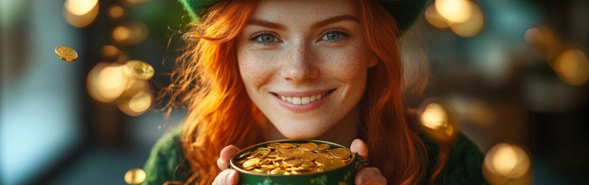 A joyful woman in a green hat celebrating St. Patrick's Day, surrounded by gold coins and glowing light. Perfect for holiday promotions and festive content.