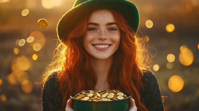 A joyful woman in a green hat celebrating St. Patrick's Day, surrounded by gold coins and glowing light. Perfect for holiday promotions and festive content.