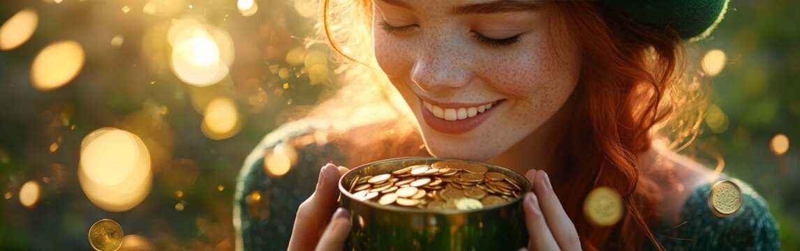 A joyful woman in a green hat celebrating St. Patrick's Day, surrounded by gold coins and glowing light. Perfect for holiday promotions and festive content.