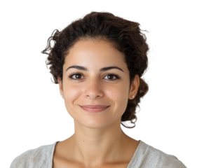 Smiling woman with curly hair in casual attire isolated on transparent background