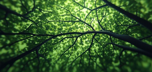 Fototapeta premium A mesmerizing view of lush green leaves and branches, creating a canopy effect. Perfect for nature enthusiasts and eco-friendly themes.