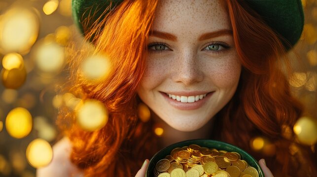 A joyful woman in a green hat celebrating St. Patrick's Day, surrounded by gold coins and glowing light. Perfect for holiday promotions and festive content.