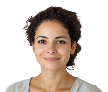Smiling woman with curly hair in casual attire isolated on transparent background
