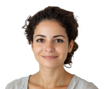 Smiling woman with curly hair in casual attire isolated on transparent background