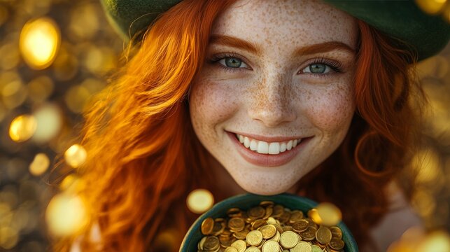A joyful woman in a green hat celebrating St. Patrick's Day, surrounded by gold coins and glowing light. Perfect for holiday promotions and festive content.