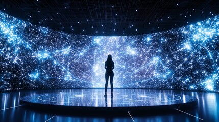 Fototapeta premium A passionate female leader on a large stage, surrounded by futuristic graphics representing STEM, diversity, and breaking barriers in leadership