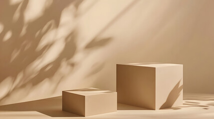 Two Beige Cubes and Leaf Shadows on Beige Background