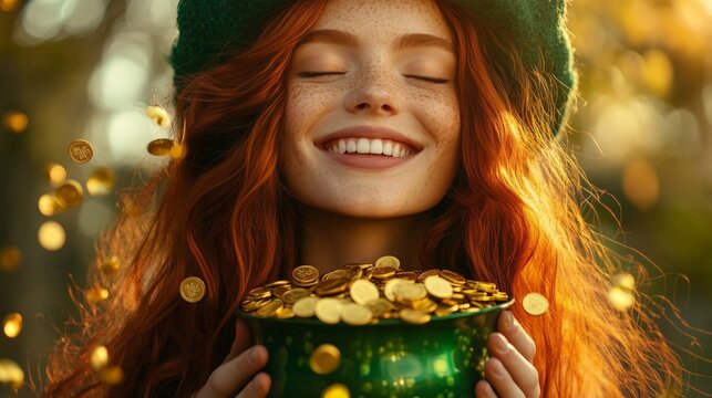 A joyful woman in a green hat celebrating St. Patrick's Day, surrounded by gold coins and glowing light. Perfect for holiday promotions and festive content.