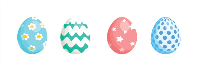 Set of colorful decorated Easter eggs with floral, geometric, and seasonal patterns. Flat illustration style. Easter celebration and springtime holiday concept.