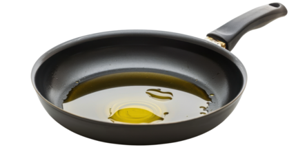 Frying pan with oil on transparent background, ready for cooking