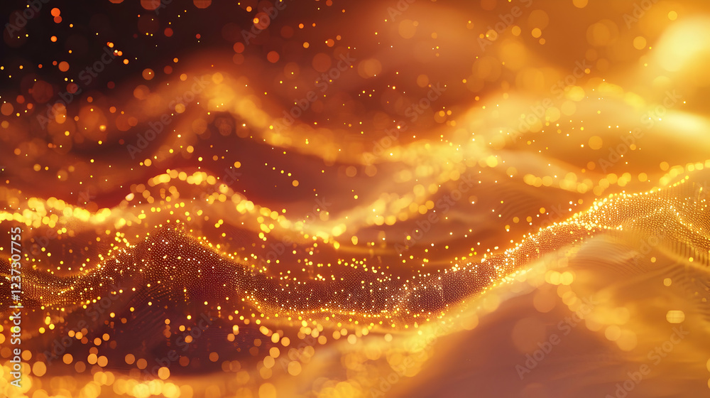 Poster abstract golden waves with shimmering particles creating a dynamic visual effect.