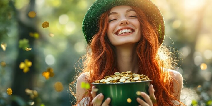 A joyful woman in a green hat celebrating St. Patrick's Day, surrounded by gold coins and glowing light. Perfect for holiday promotions and festive content.