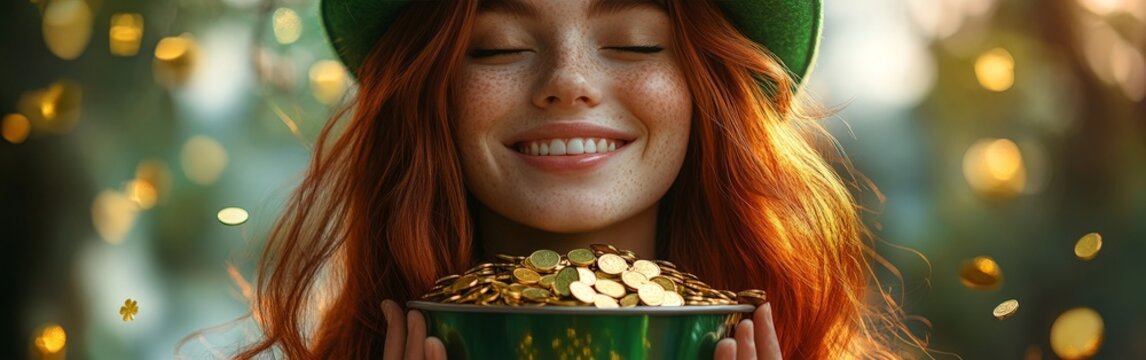 A joyful woman in a green hat celebrating St. Patrick's Day, surrounded by gold coins and glowing light. Perfect for holiday promotions and festive content.