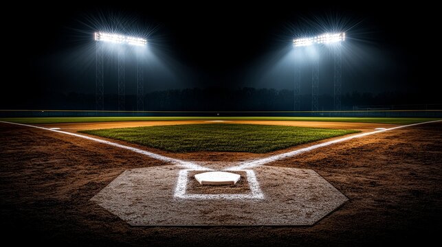 A quiet, empty baseball field illuminated by towering floodlights, the grass glowing faintly and shadows stretching across the infield under the night sky