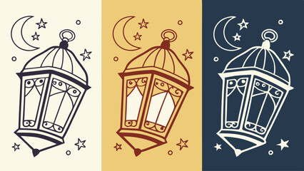Crescent Moon and Star with Ornate Lanterns in Various Colors