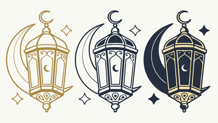 Crescent Moon and Star with Ornate Lanterns in Various Colors