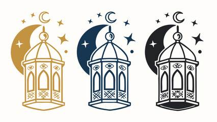 Crescent Moon and Star with Ornate Lanterns in Various Colors