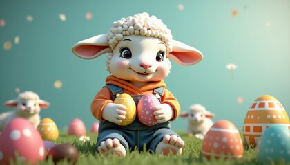 Fototapeta premium Photorealistic Easter lamb in casual clothes holding chocolates and eggs