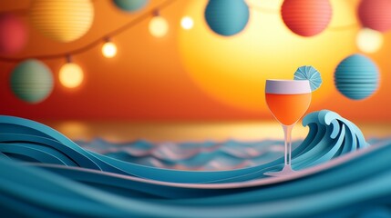 Close-up of a beachside sunset party in paper cut art, vibrant colors depicting waves, cocktail glasses, and glowing lanterns, high-contrast and layered, Modern Digital Design