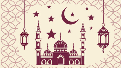 Islamic Cultural Illustration with Mosque and Celestial Symbols