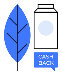 Blue leaf, carton box, and Cash Back text. Ideal for environmental sustainability, organic products, green purchasing, eco-friendly branding, consumer incentives, financial rewards shopping