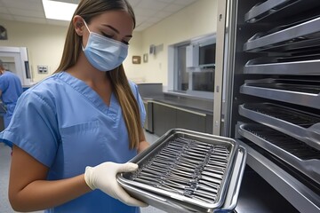 Masked nurse wearing gloves is carefully taking a tray of sterile surgical instruments from a metal cabinet, likely preparing for a surgical procedure in a modern operating room