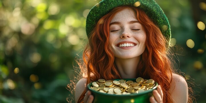 A joyful woman in a green hat celebrating St. Patrick's Day, surrounded by gold coins and glowing light. Perfect for holiday promotions and festive content.