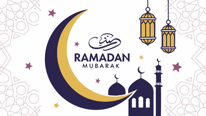 Ramadan Mubarak Celebration with Crescent Moon and Lanterns