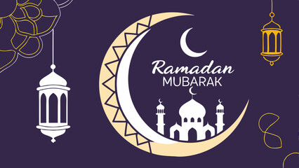Ramadan Mubarak Celebration with Crescent Moon and Lanterns
