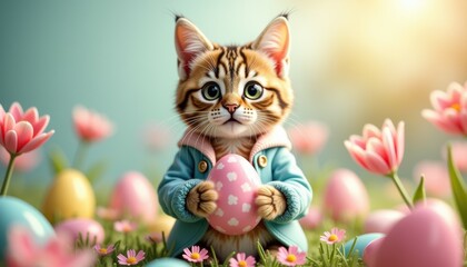 Charming realistic Easter cat in contemporary clothing holding products