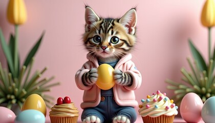 Naklejka premium Cute Easter kitten in trendy clothes holding cakes and eggs in festive scene