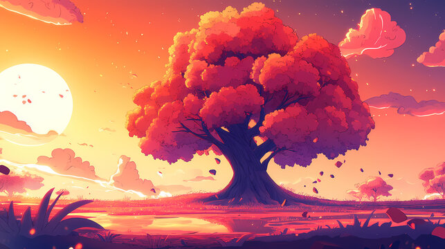 Giant fantasy tree background. Solar Punk. Illustration