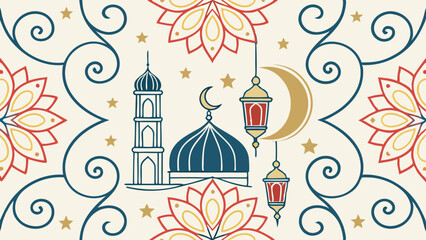 Islamic Mosque Art with Crescent Moons and Lanterns