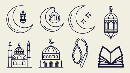 Islamic Symbols Collection Featuring Mosques, Moons, Lanterns, and Prayer Beads