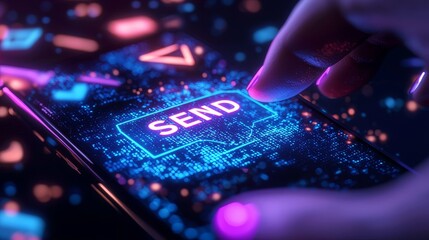 Close-up of a hand tapping send on a smartphone with an email campaign preview, glowing holographic interface effects, Futuristic Digital Concept