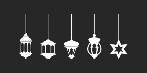 Set of ramadan lanterns in white silhouette, collection of flat style design vector illustrations of happy ramadan lantern decoration.