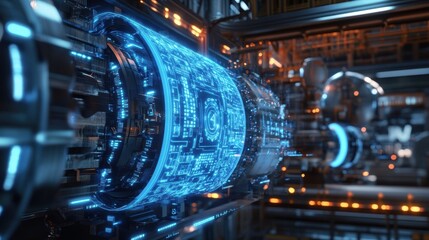 Innovative digital processing unit with glowing blue neon lights working inside a powerful server, generating immense computing power in a high tech environment