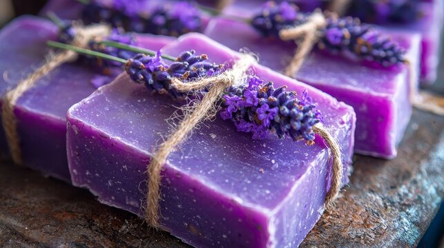 Close-up of finished lavender soap bars tied with twine, eco-friendly packaging, vibrant purple hues, sustainable living concept