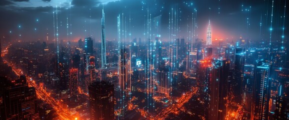 Futuristic cityscape at night with digital data streams.