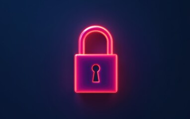 Fototapeta premium A vibrant neon pink padlock symbol against a dark background representing security and protection in the digital age.