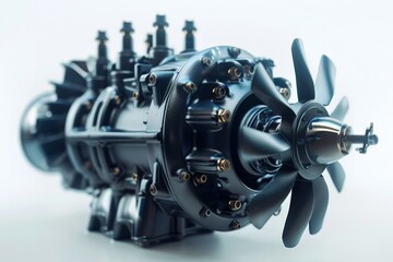 Fototapeta premium Black engine with propeller blades and intricate details. AI generative. .