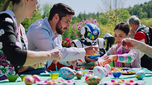 Menschen und Roboter Bemalen Ostereier bei Futuristischem Pfingstfest