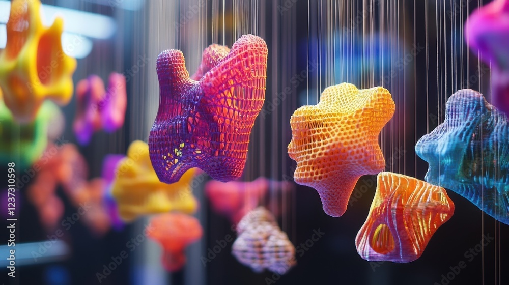 Poster colorful, intricately designed 3d printed objects hanging from thin strings, demonstrating advanced 