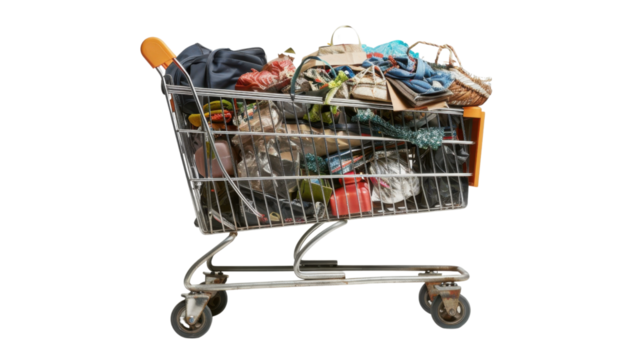 Shopping cart overflowing with trash and belongings on transparent background